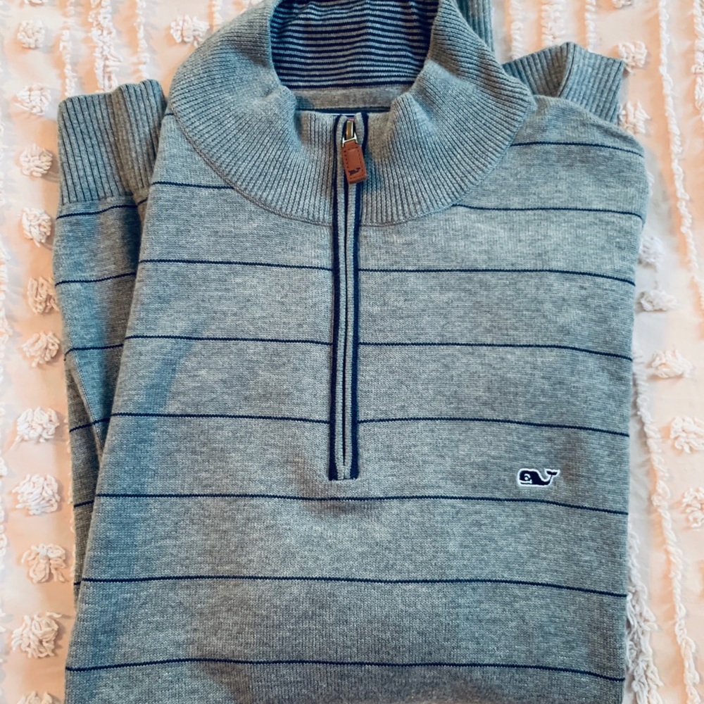 Vineyard Vines Gray and Navy Striped 1/4 Zip